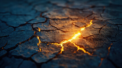 A dried, cracked riverbed with deep fractures, illuminated by an intense golden light from within