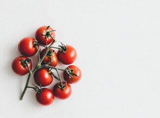 Cluster of Fresh Red Cherry Tomatoes on the Vine Against White Background