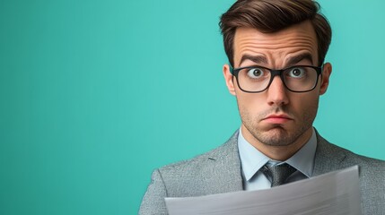 Shocked businessman holding documents with a turquoise background looks surprised