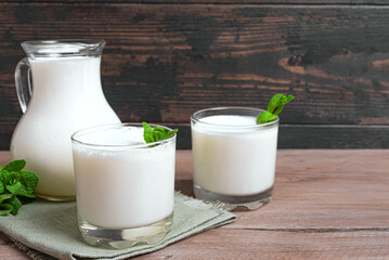 Probiotic fermented dairy drink. Ayran, kefir, lassi.