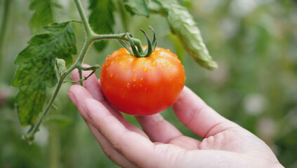 a tomato in my hand. bushes, beds in the field