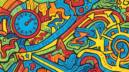 Vibrant Abstract Pattern with Colorful Swirls and Dynamic Shapes Featuring Clock Elements