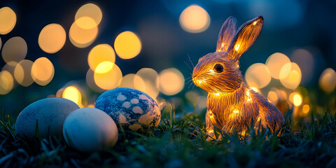 Festive Easter scene with a glowing bunny, decorated eggs, and bokeh lights. Perfect for holiday greetings and spring designs.