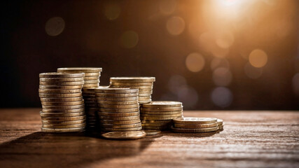 Stacks of coins on table with bokeh background, saving and finance concept