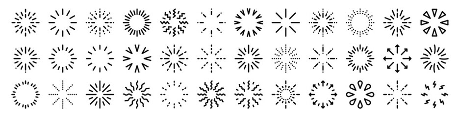 Starburst set. Sparkle sunburst rays. Star, firework explosion, sun beams, black lines, surprise, outline, confetti, decorative, retro style. Art design elements. Vintage sunburst.