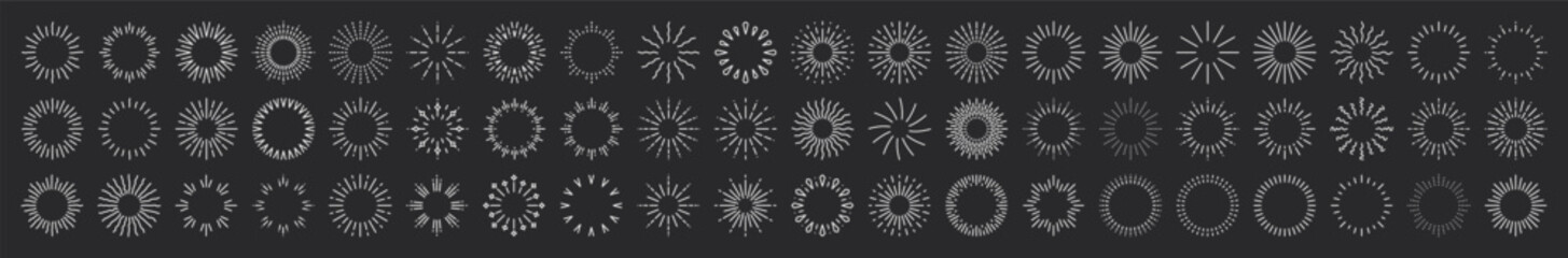 Starburst set. Sparkle sunburst rays. Star, firework explosion, sun beams, black lines, surprise, outline, confetti, decorative, retro style. Art design elements. Vintage sunburst.