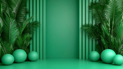 A room designed with glowing luminous spheres, smooth stones, and plants, all forming organic shapes in a seamless, digitally generated image that combines nature and futuristic design. , Minimalism