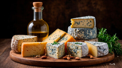 Different types of cheese on a wooden board with olive oil, nuts and herbs