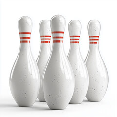 Bowling pins arranged neatly on a white surface in bright morning light