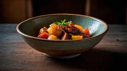 Bowl of stewed vegetables with meat on a wooden table