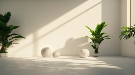 A digital image of a room with luminous spheres, stones, and plants forming organic shapes, blending digital elements with nature to create a calm, futuristic interior space. , Minimalism Clean and