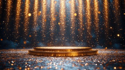 Golden stage, glitter, spotlight, awards, dark, background, product display