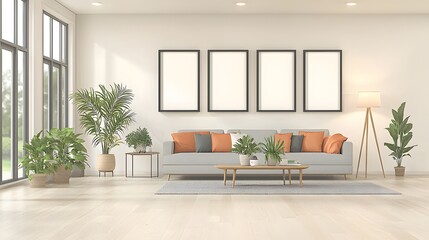 Fototapeta premium Modern Minimalist Living Room Interior Design with Potted Plants and Neutral Color Palette