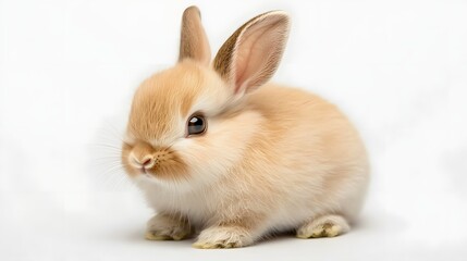 Obraz premium Fluffy Young Rabbit Sitting on a White Surface with Expressive Eyes and Soft Ears