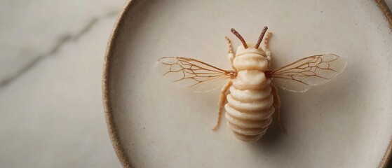 Sweet honey bee dessert resting on a ceramic plate, set against a marble surface