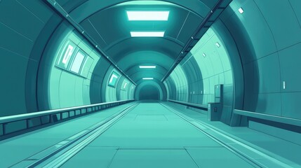 A futuristic, empty tunnel with glowing lights and smooth walls, creating a serene yet eerie atmosphere