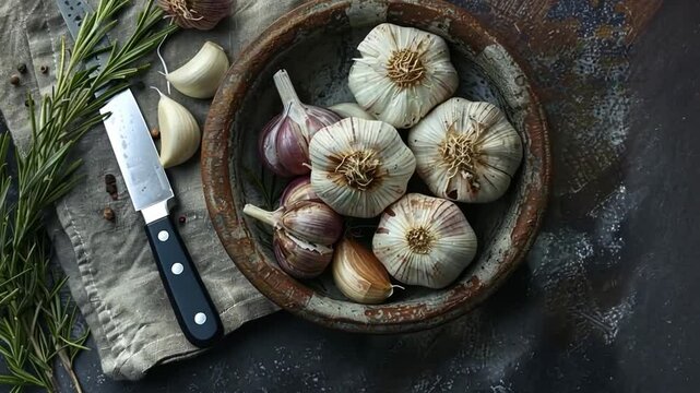 A beautiful display of fresh garlic in a wooden bowl, complemented by a knife beside it. Ideal for food styling and cooking inspirations. Perfect for recipe concepts. Generative AI