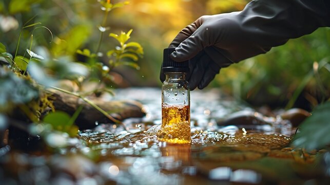 Scientist testing water samples a river environmental research branding with copy space