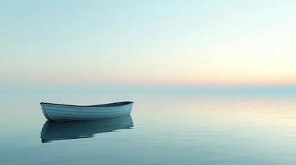 Naklejka premium Serene Sunrise Rowboat on Calm Water Peaceful Ocean Scene Tranquil Morning Solitude