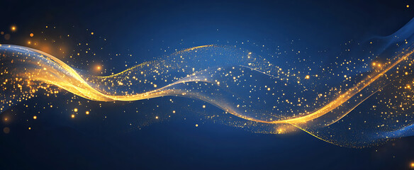 Abstract Golden Light Wave on Dark Blue Background with Sparkling Particles