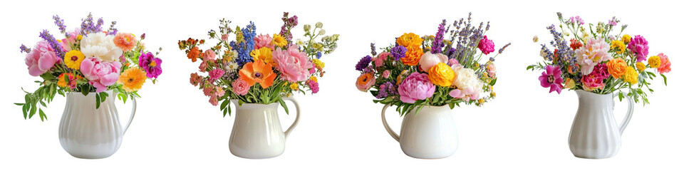 Obraz premium PNG Vibrant floral arrangements in pitchers, element set on transparent background