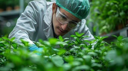 Scientist working a greenhouse analyzing plant growth clean and professional branding space