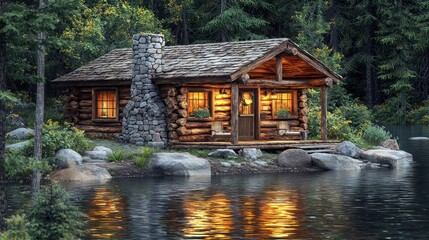 Obraz premium Rustic log cabin by a serene lake at dusk