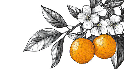 Hand drawn sketch engraving of oranges with flowers and leaves, PNG botanical illustration with vintage style on white background