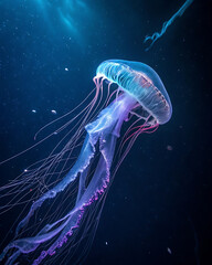 Mesmerizing bioluminescent jellyfish drifting in dark ocean depths.