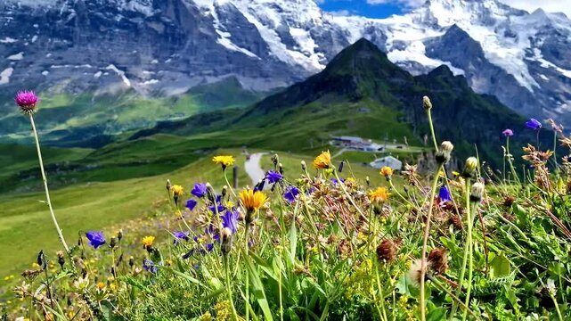 Mannlichen Switzerland Royal Walk Close Up Wild Flowers Green Meadow Snowy Peaks Eiger Monch Jungfrau Summer Contrast Handheld POV Scenic Panorama Travel Video 4K UHD