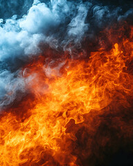 Fiery orange and blue smoke billow, creating a dramatic contrast of color and texture. The image is rich in detail and evokes a sense of intense energy