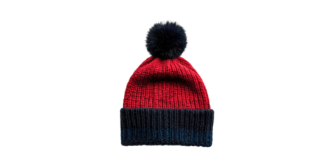 Red And Black Knitted Beanie With Pom-Pom. Winter Fashion And Warmth Accessory Isolated On Transparent Background