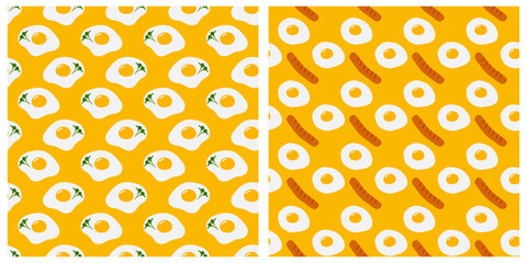 Fried eggs Microgreen Grill Sausages Seamless pattern on trendy yellow World Egg Day Background idea