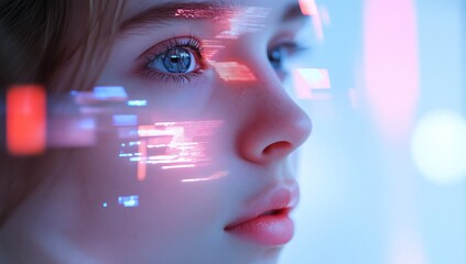 Futuristic AI portrait with digital overlay on a young woman's face