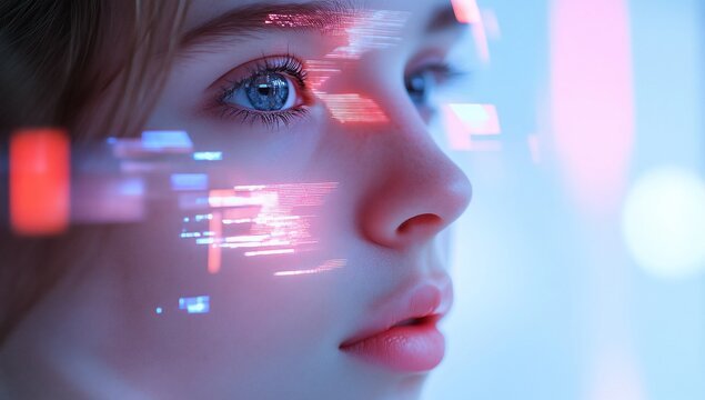Futuristic AI portrait with digital overlay on a young woman's face