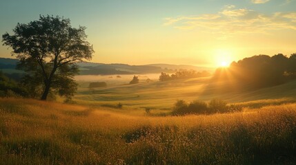 Serene Sunrise over Rolling Hills and Golden Fields