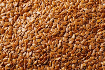 A close-up shot of numerous brown flax seeds, showcasing their texture and natural color.