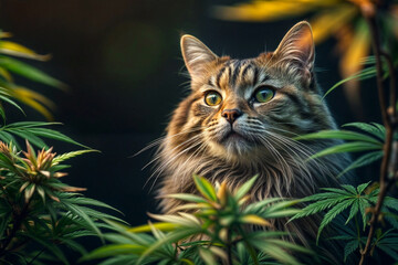 Fototapeta premium Red cat hiding in cannabis bush