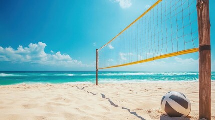 A volleyball and net on the beach.