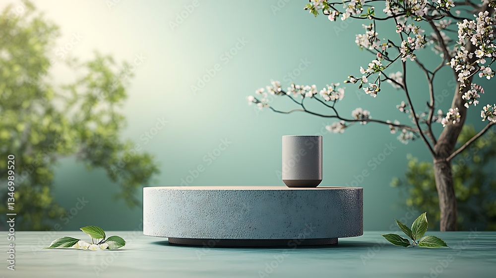 Poster empty display podium, serene spring backdrop