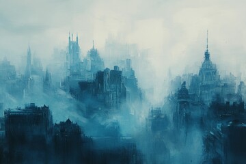Fototapeta premium Misty blue city, painted abstract skyline.