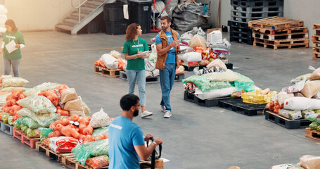 People, volunteer and help in warehouse for donation, food stock or inventory management for charity. Staff, packaging and checklist for groceries, supply chain and community distribution for welfare