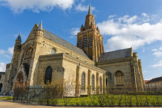CALAIS, FRANCE, March 15, 2025 : Eglise Notre-Dame, a Roman Catholic parish church, dates from the 12th century and is the only church built in the English perpendicular style in all of France.