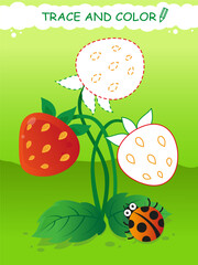 Trace and color. Writing practice. Strawberry with ladybug. Drawing lessons. Preschool education. Kids game. Coloring page