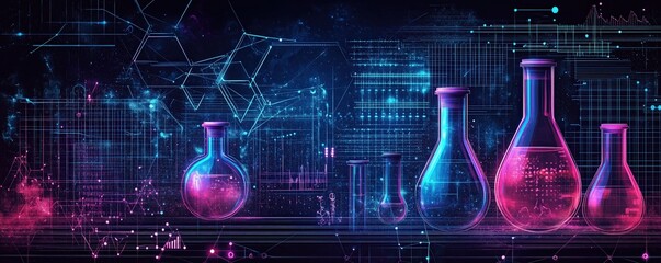 Futuristic science lab with neon-lit glassware, blending technology and chemistry. A vibrant, digital frontier for experimentation.