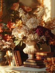 Fototapeta premium Flowers and books artfully arranged in gentle light.