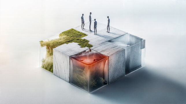 Personnages gris debout sur des cubes en mati&egrave;res diff&eacute;rentes