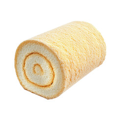 Soft and Delicious Yellow Swiss Roll Cake on a white background.