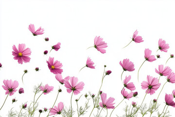 flying pink flowers isolated on white background