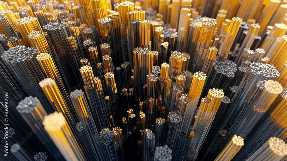 Poster exploring the intricate patterns of metallic structures in a vivid 3d landscape